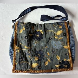 Handsewn/Upcycled Shoulder/Crossbody Messenger Bag, 15” x 12”, Blue/Gold